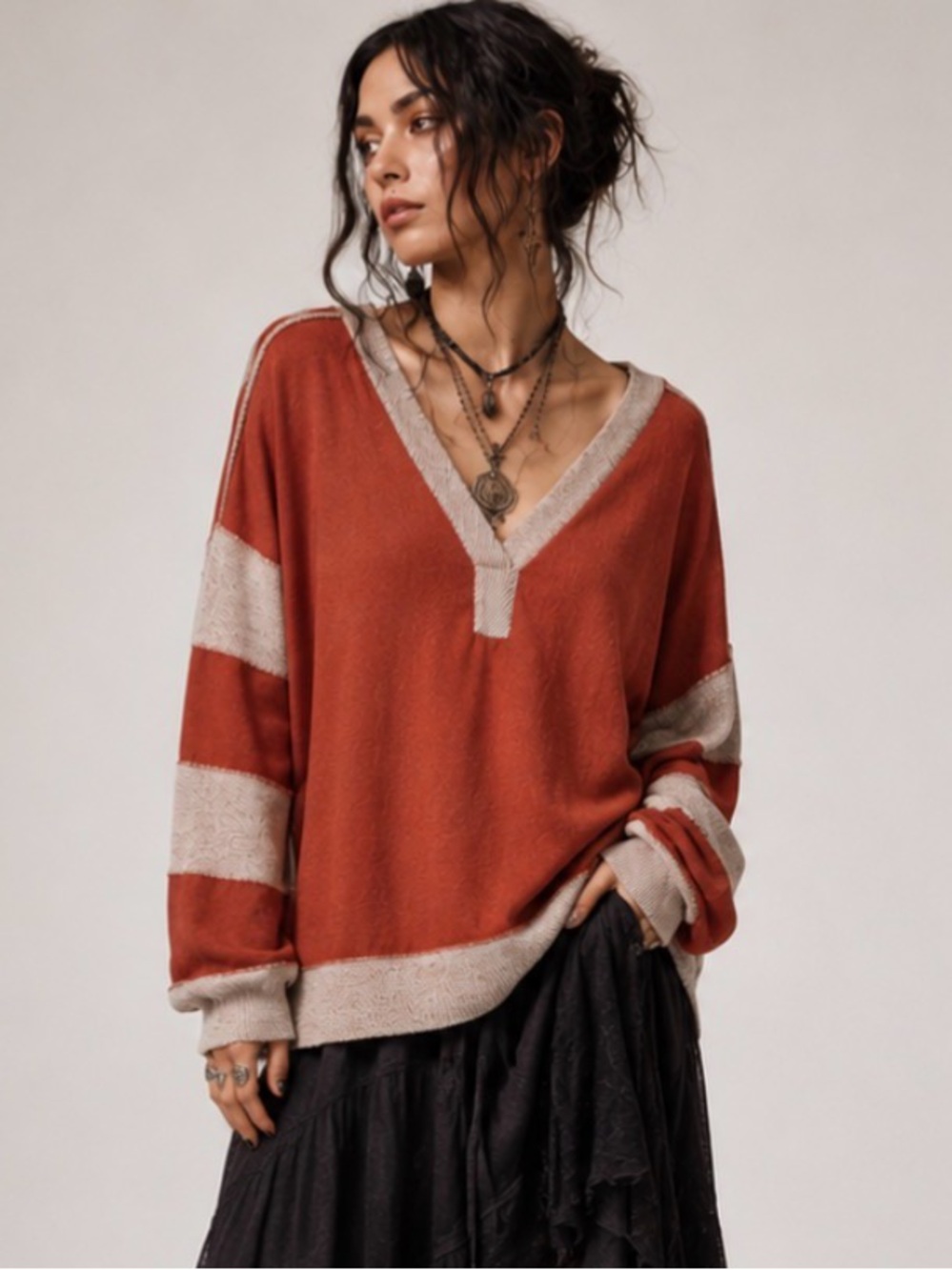HER Rust V-Neck Contrast-Trim Boho Relaxed Wimsigoth Long Sleeve Sweater Medium